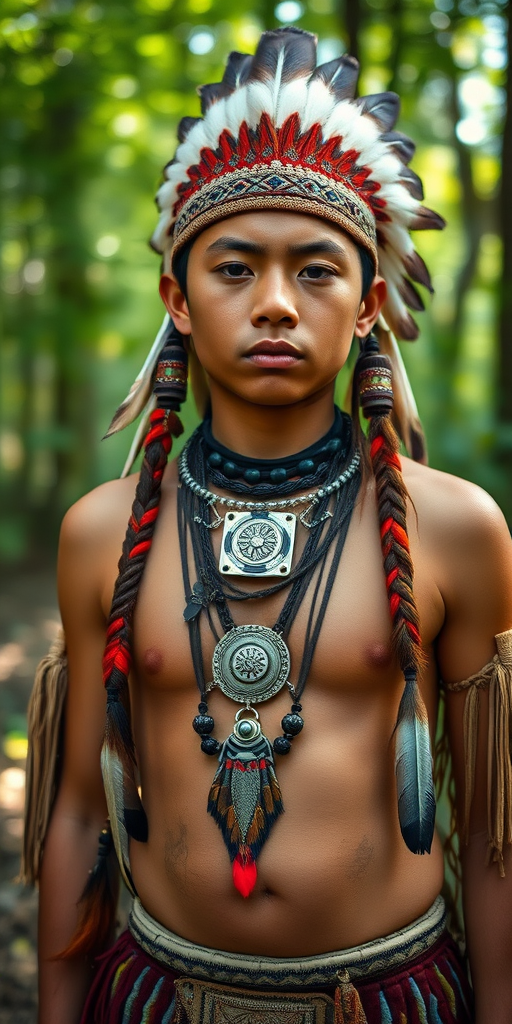 Regenerate an image of a young Native American male wearing traditional attire with feathers and jewelry in a forest setting, captured with a 50mm lens at f/1.8, natural lighting, shallow depth of field, shot from eye level using a DSLR camera.
