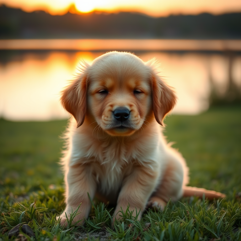 A fluffy golden retriever puppy sitting peacefully on green grass near a calm lake during sunset with its eyes closed and a serene expression.