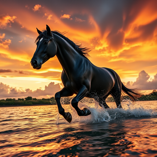 A majestic black horse running through water at sunset, dramatic clouds in the background, captured with a Canon EOS R5, 50mm f/1.2 lens, ISO 100, aperture f/2.8, shutter speed 1/500s, low angle view, HDR photography style to enhance colors and details.