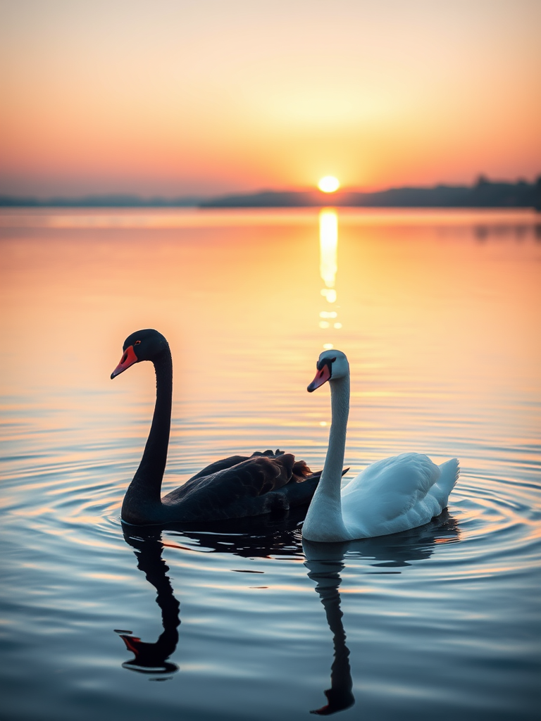 photograph of a black swan and a white swan on a still lake at sunset, soft focus, warm colors, aperture f/2.8, shutter speed 1/500s, ISO 100, taken with a DSLR camera, 50mm lens, golden hour lighting, shallow depth of field