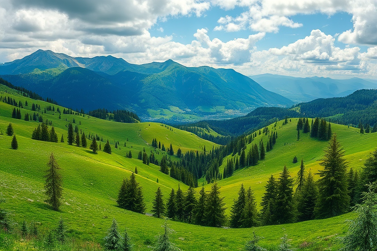 Generate a landscape image of a vibrant green valley with rolling hills, majestic mountains in the background, and lush pine trees scattered throughout, shot with a DSLR camera at f/8 aperture, ISO 100, 24mm focal length, in a panoramic view, using a high dynamic range style for enhanced color and detail.