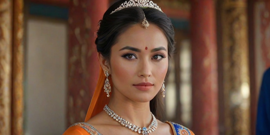 A gorgeous Bhutanese woman in a luxurious orange gown, accessorized with a dazzling tiara and statement earrings, her deep blue eyes highlighted by impeccable makeup, poised in a royal setting, photorealistic, 8K quality
