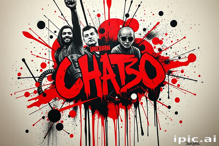 Trash polka tattoo named "Urban Chaos" blending bold red and black elements with photorealistic imagery abstract shapes text and splatters creating a dynamic and edgy composition reminiscent of street art