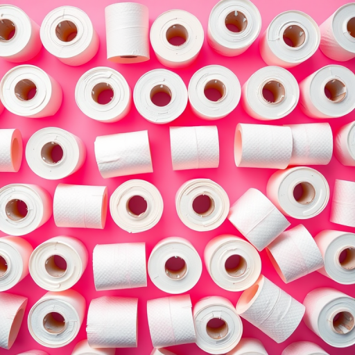 a seamless pattern of white toilet paper rolls arranged neatly on a pink background, high-resolution, captured with a Canon EOS 5D Mark IV, 50mm lens, f/2.8 aperture, ISO 100, top-down view, studio lighting for enhanced detail and clarity