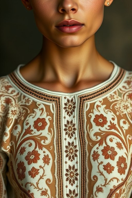 Face, shoulders, chest covered in openwork Druze embroidery. Raw, unedited image.