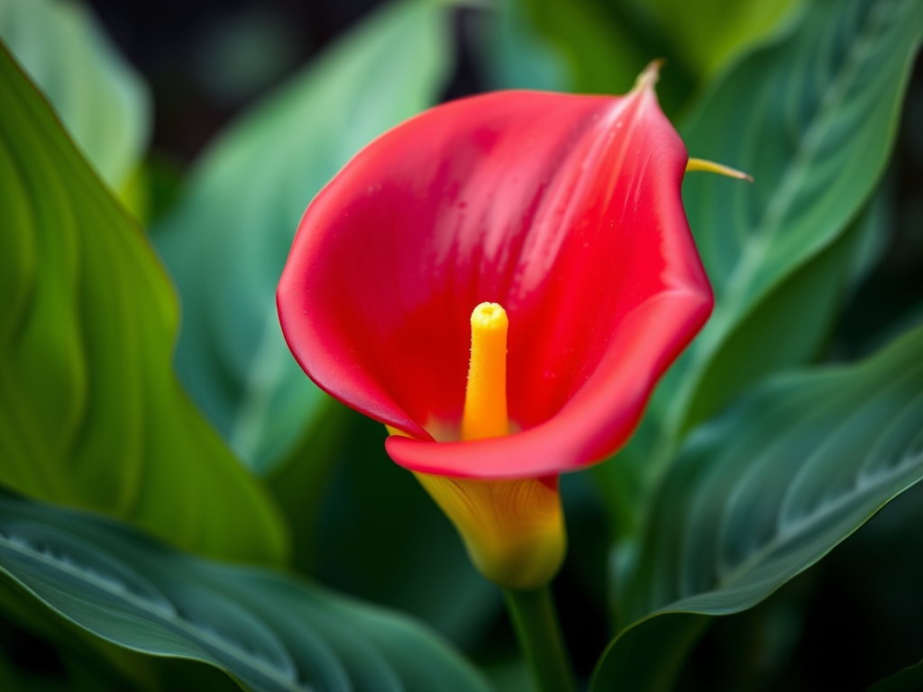 A vibrant red calla lily with a yellow stamen surrounded by lush green leaves, soft bokeh background, captured with a DSLR camera at f/2.8 aperture, 50mm lens, ISO 100, natural light for enhanced detail and depth.