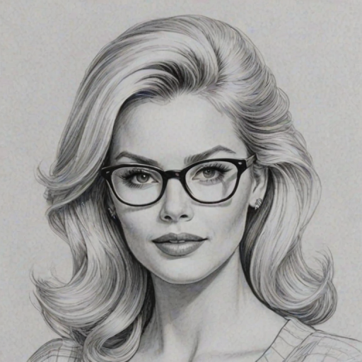 Radiant Gena Lee Nolin, pencil sketch, portrait of Charming woman 1953s in glasses, hair style beatnik, outline, clear lines, fine lines, 8k