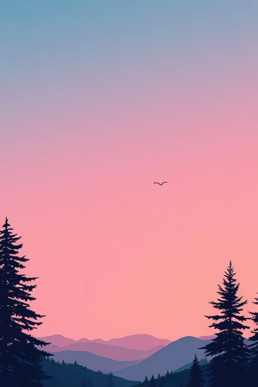 generate a digital art illustration of a tranquil mountain landscape at dawn with a gradient sky transitioning from pink to blue, silhouette of pine trees in the foreground, and birds flying over distant mountains.