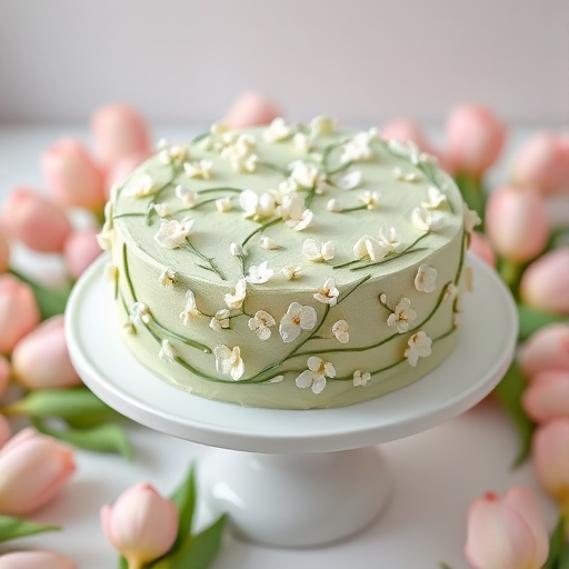 A beautifully decorated cake with a light green frosting covered in delicate white flowers and green stems arranged in a charming floral design on a white cake stand surrounded by soft pink tulips in the background.