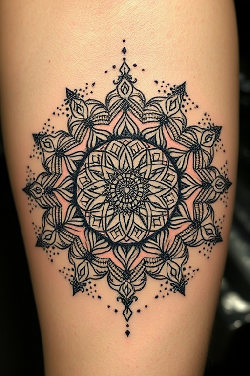 Dotwork mandala tattoo named "Cosmic Harmony" featuring intricate patterns and sacred geometry, created entirely with thousands of tiny dots in varying densities to achieve a mesmerizing 3D effect