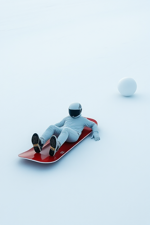 Create an image of a simplified figure performing a belly slide on a sled in a minimalist style, use a high-resolution setting of 300 DPI, with a 50mm lens, shot from a low angle view, using natural lighting and a digital camera.