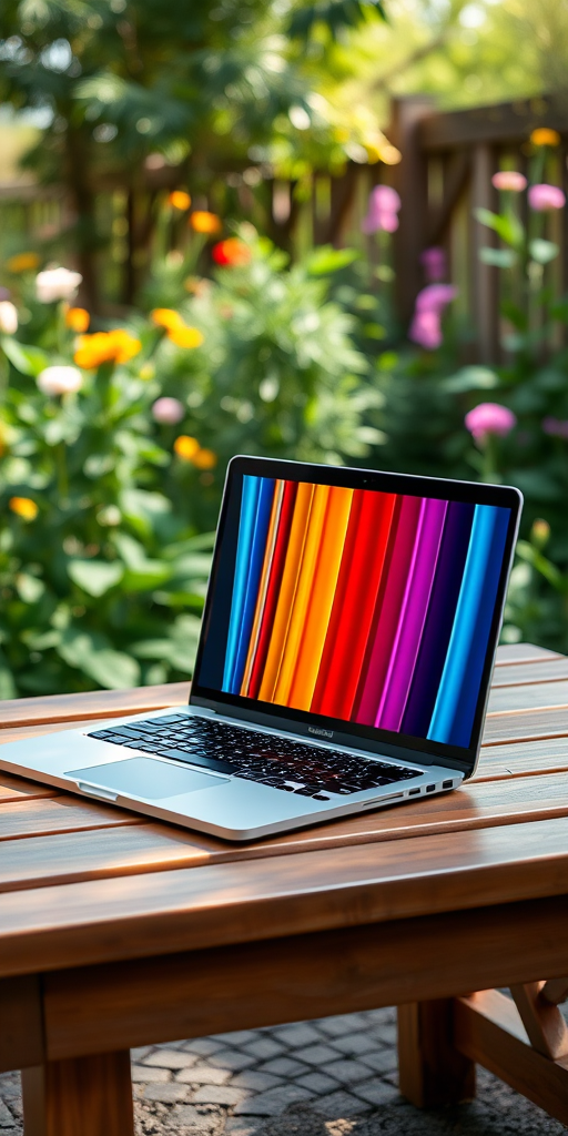 create an image of a laptop on a wooden table in a garden setting with colorful stripes on the screen, capture it with a DSLR camera at f/2.8, 1/125 sec, ISO 100, using a 50mm lens for a shallow depth of field and natural lighting for enhanced image quality