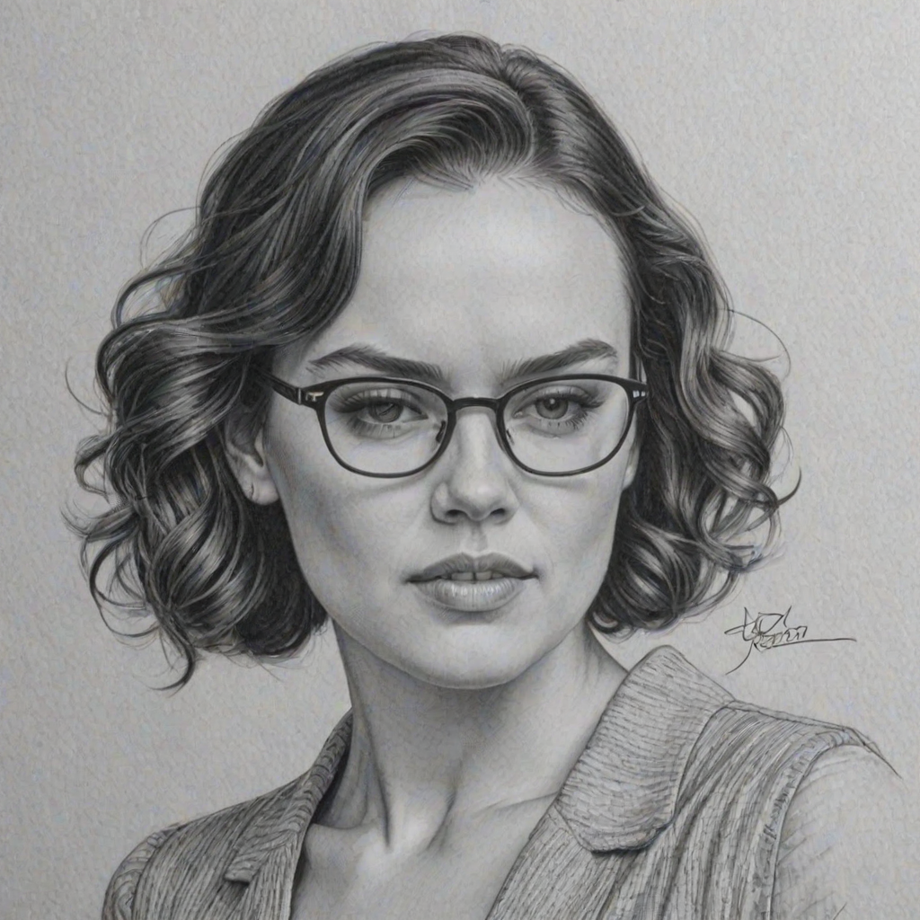 Superb Daisy Ridley, pencil sketch, portrait of Dazzling woman 1940s in glasses, hair style beatnik, outline, clear lines, fine lines, 8k