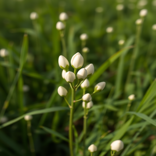 macro shot of white flower buds in a field with green grass background, shallow depth of field, f/2.8 aperture, ISO 200, 50mm lens, natural lighting, DSLR camera