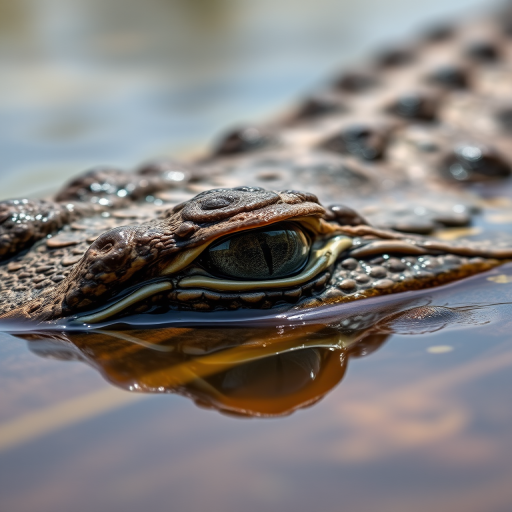 Capture a close-up shot of a crocodile partially submerged in water, with a focus on the eye, using a DSLR camera set to f/4 aperture, 1/200 sec shutter speed, ISO 100, shot in natural light from a low angle to enhance detail and texture.
