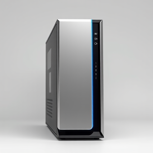 Create a high-resolution image of a desktop computer tower with a sleek design, captured using a DSLR camera at f/8 aperture, 50mm focal length, ISO 100, in a well-lit studio environment, front view, with even lighting to highlight details.