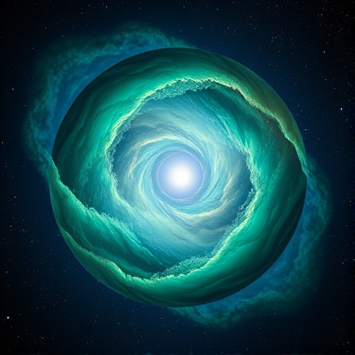 Generate a vibrant cosmic sphere with swirling green and blue nebulae, bright stars, and a prominent light source in a dark space background, captured with a Canon EOS R5, 24mm lens, f/2.8 aperture, ISO 100, at a panoramic view for enhanced depth and detail.