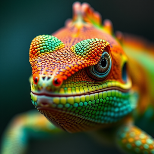 Regenerate a close-up portrait of a vibrant, colorful lizard with intricate scales and intense eyes, using a Canon EOS R5 camera, 85mm lens at f/1.4, shooting from a 45-degree angle with soft diffused lighting.