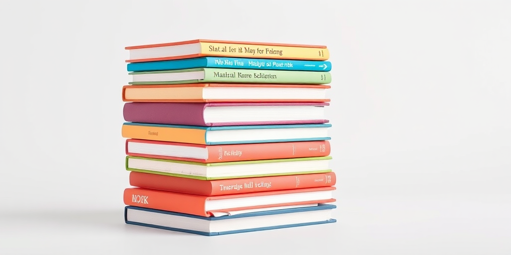 stack of colorful books arranged at an angle on a white background, captured with a Canon EOS 5D Mark IV, 50mm lens, f/2.8 aperture, ISO 100, soft natural lighting, high-resolution photo for enhanced image quality