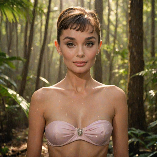A photo of an old, beautiful Audrey Hepburn with light tanned skin, a small nose, and soft pink lips. She has perfect symmetric eyes and wears a strapless transparent bikini. She has a big female bosom with push-up. The model is standing under the warm sunlight, showcasing her toned figure and delicate curves. The background is a rain forest with sparkling water and trees. The overall ambiance is a perfect blend of luxury, glamour, and beachside leisure.