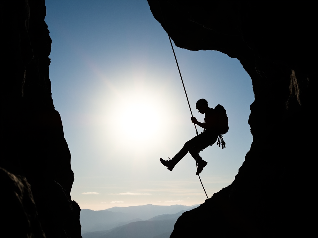 Create a high-resolution silhouette of a climber rappelling with dynamic movement, using a DSLR camera at f/2.8 aperture, ISO 100, 1/500 shutter speed, shot from a low angle perspective in natural light to enhance details and contrast.