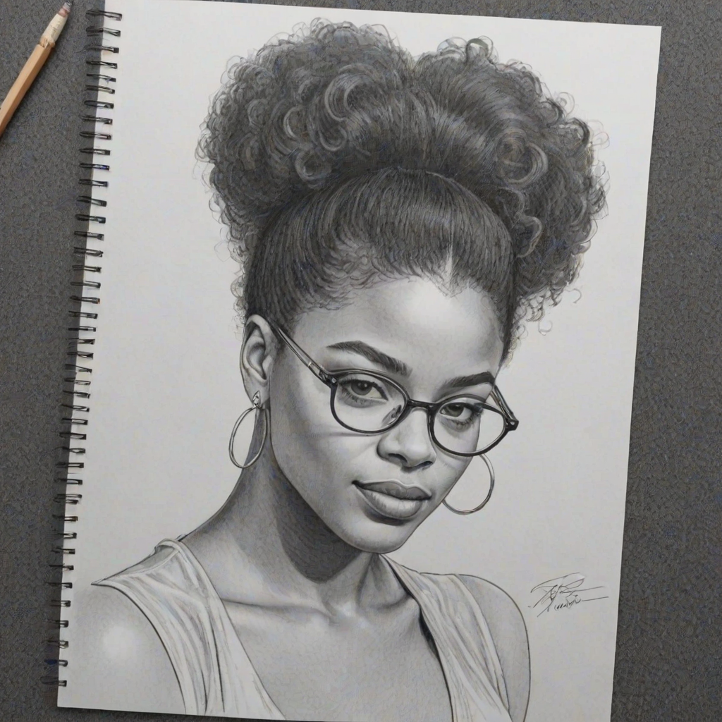 Graceful Ari Lennox, pencil sketch, portrait of Appealing woman 1953s in glasses, hair style beatnik, outline, clear lines, fine lines, 8k