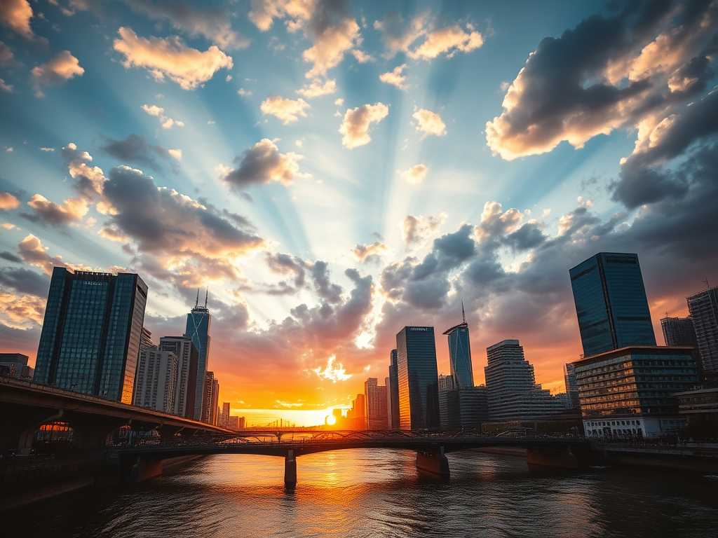 Generate a sunset cityscape over a river with dramatic clouds, featuring modern skyscrapers and a bridge, taken with a DSLR camera at f/8, ISO 100, 1/125s, 24mm lens, in landscape orientation, using a wide-angle view for depth and clarity.