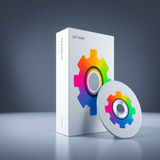 Create a 3D render of a software box with a colorful gear design and a matching software disc, using a Canon EOS 5D Mark IV camera, aperture f/8, ISO 100, 50mm lens, in a well-lit studio setting with soft diffused lighting.