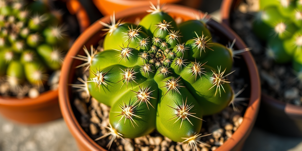 Create a high-resolution image of a green cactus with sharp spikes in a brown pot, captured with a Canon EOS 5D Mark IV at f/4.0, ISO 100, 50mm lens, in natural lighting from a slightly elevated angle for a vibrant and detailed view.