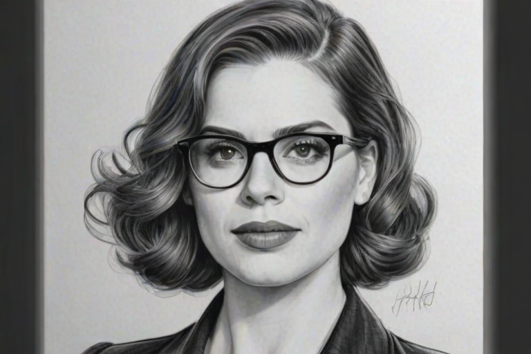 Delightful Hayley Atwell, pencil sketch, portrait of Appealing woman 1920s in glasses, hair style beatnik, outline, clear lines, fine lines, 8k
