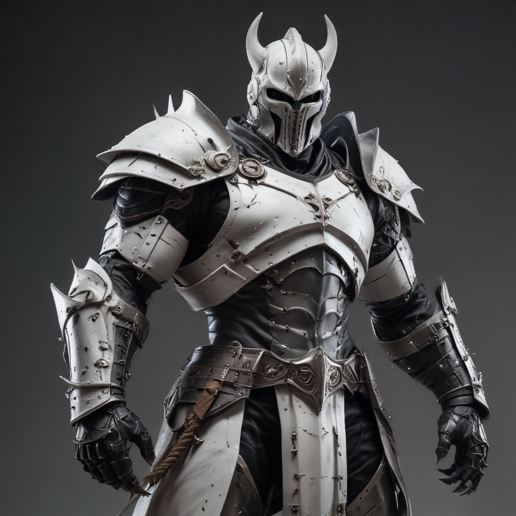 muscular large demonic knight with white armor with weapons