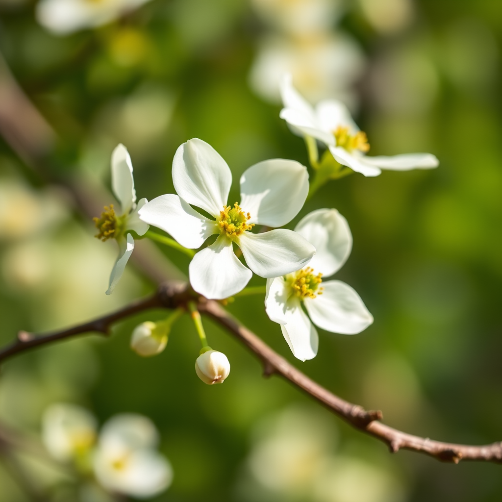 capture a close-up of white dogwood flowers on a branch under soft natural light using a DSLR camera with a 50mm lens at f/2.8, 1/200s shutter speed, ISO 100, shallow depth of field, and a blurred green background for enhanced focus on the flowers
