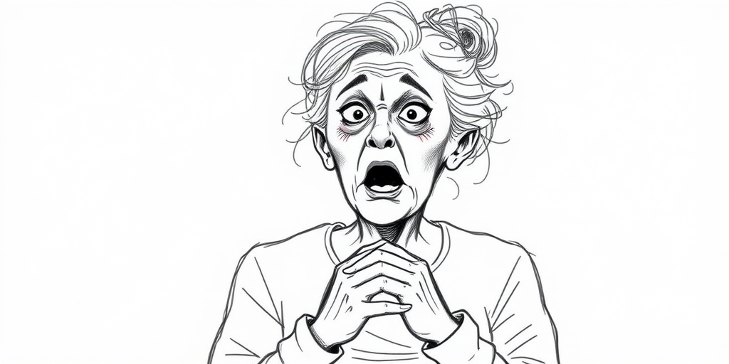 scribbly unfinished sketch, old lady with messy gray hair in a loose bun, surprised expression, mouth open, hands clasped together in front of her chest. Her eyes are wide, eyebrows are furrowed. vibe of shock or surprise.