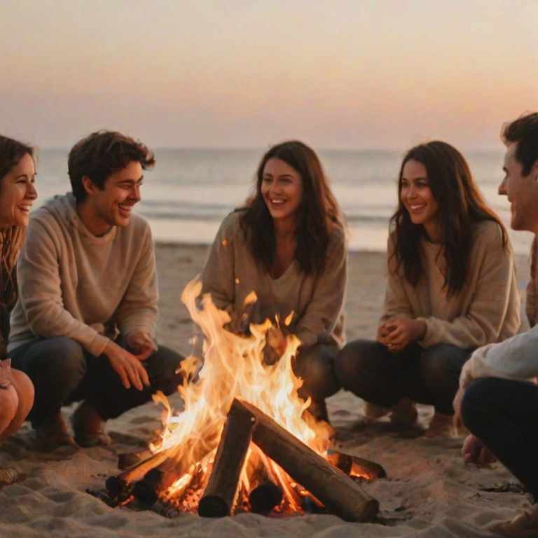 Blurry candid shot of a group of friends gathered around a bonfire on the beach, laughter and conversation filling the air, with soft golden light from the flames illuminating their faces.