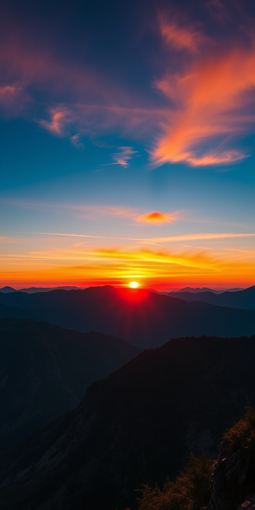 Generate a vibrant landscape scene featuring a sunset over mountains with a clear sky, captured using a DSLR camera at ISO 100, f/8 aperture, 1/250 second shutter speed, wide-angle view for depth, and enhanced color saturation to improve image quality.
