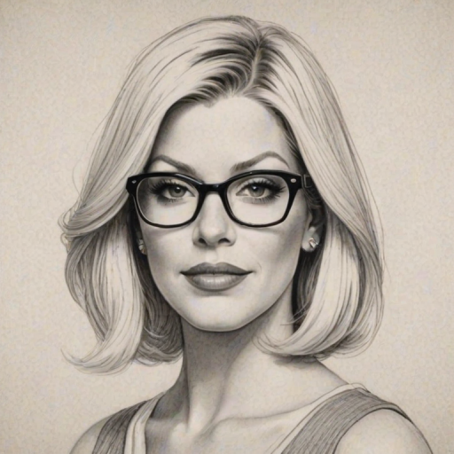 Beauteous Tori Spelling, pencil sketch, portrait of Fascinating woman 1926s in glasses, hair style beatnik, outline, clear lines, fine lines, 8k