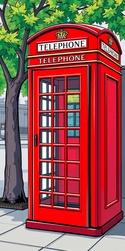 Generate a high-resolution illustration of a classic red telephone box with sharp details and vibrant colors, camera settings: f/8 aperture, ISO 100, shutter speed 1/125 sec, camera view: frontal perspective, camera style: vector art, camera type: digital illustration.