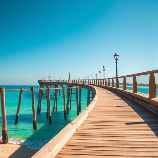 Capture a vibrant coastal scene featuring a wooden pier extending into the turquoise water under a clear blue sky, with softly lit street lamps along the railing, using a Canon EOS R5 with a 24-70mm f/2.8 lens, set at f/8, 1/200s, ISO 100, shot from a low angle to emphasize the curve of the pier and reflections in the water.