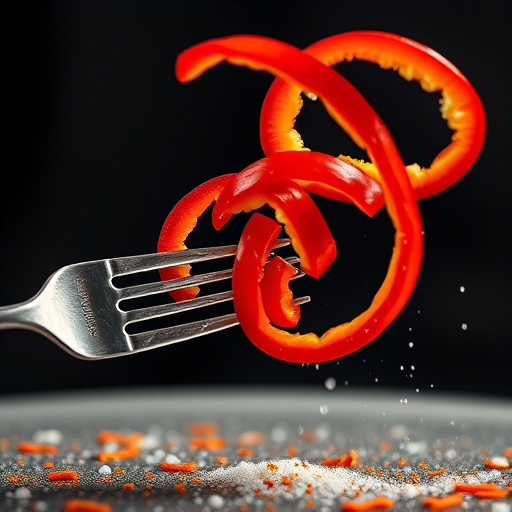 high-speed photography of sliced red peppers spiraling with a fork, shot at f/2.8 aperture, 1/1000 second shutter speed, ISO 200, 50mm lens, with dramatic lighting and a dark, blurred background