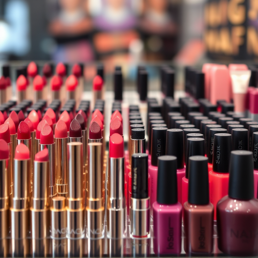 Generate an image of a makeup display featuring a variety of lipsticks and nail polishes arranged in two rows, with a soft-focus background, using a DSLR camera with a 50mm lens, aperture set to f/2.8, ISO 100, and a high dynamic range for vibrant colors.