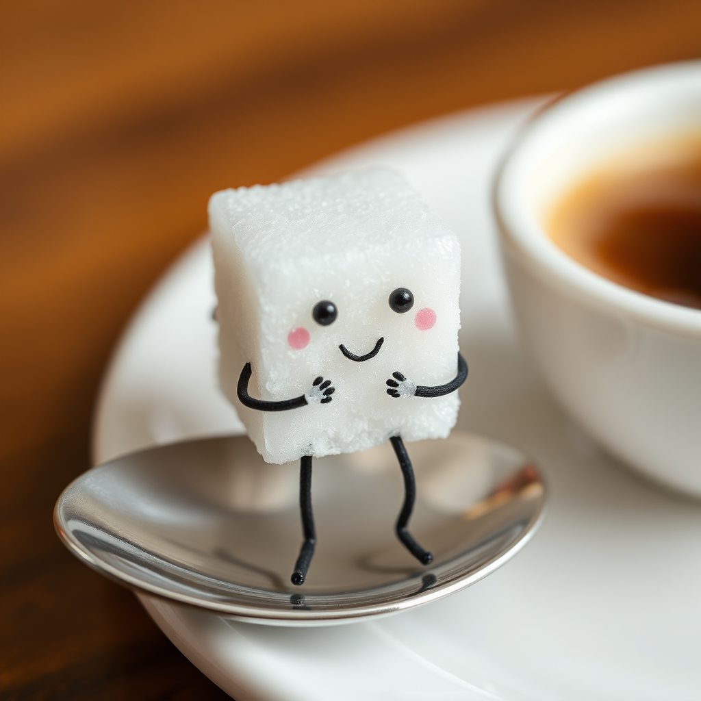 A sugar cube with a face and legs, sitting on a spoon and sipping a tiny cup of coffee.