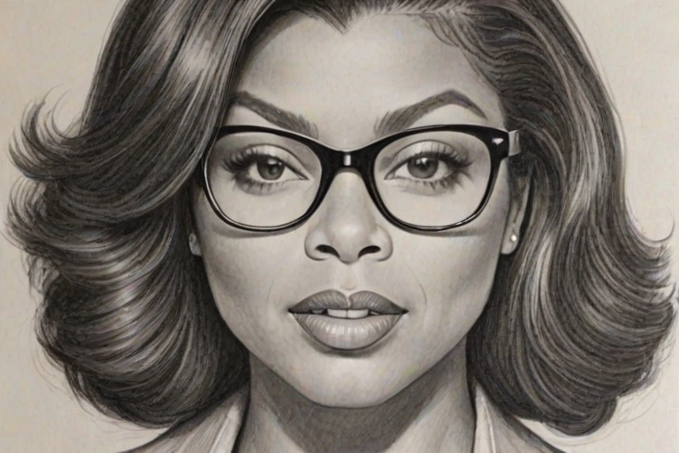 Beauteous Taraji P. Henson, pencil sketch, portrait of Enticing woman 1949s in glasses, hair style beatnik, outline, clear lines, fine lines, 8k