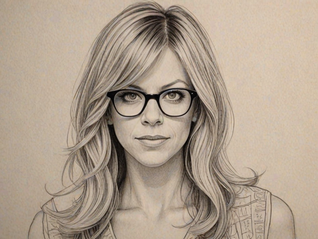 Enticing Kaitlin Olson, pencil sketch, portrait of Bewitching woman 1925s in glasses, hair style beatnik, outline, clear lines, fine lines, 8k