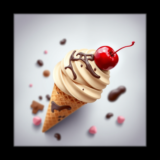 Create a highly detailed digital illustration of an ice cream cone with rich chocolate swirls and a cherry on top, using a DSLR camera with a 50mm lens, f/2.8 aperture, ISO 100, 1/200 sec shutter speed, shot from a top-down perspective, with vibrant colors and a soft-focus background for enhanced image quality.