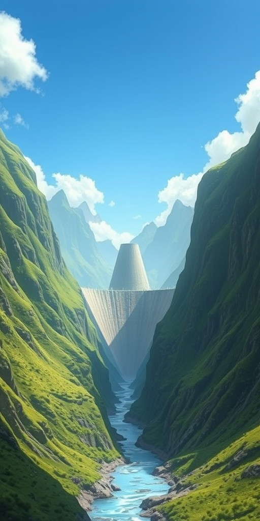 Create a digital illustration of a valley with a large funnel-shaped structure leading into a river, surrounded by green mountains and a blue sky, using a Canon EOS R5 camera, 24mm lens, f/8 aperture, 1/200 sec shutter speed, and soft focus style for an ethereal effect.