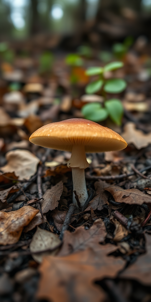 mushroom growing in forest floor surrounded by leaves and soil, close-up focus, natural lighting, macro lens, f/2.8 aperture, 1/250 sec shutter speed, ISO 100, DSLR camera, shallow depth of field