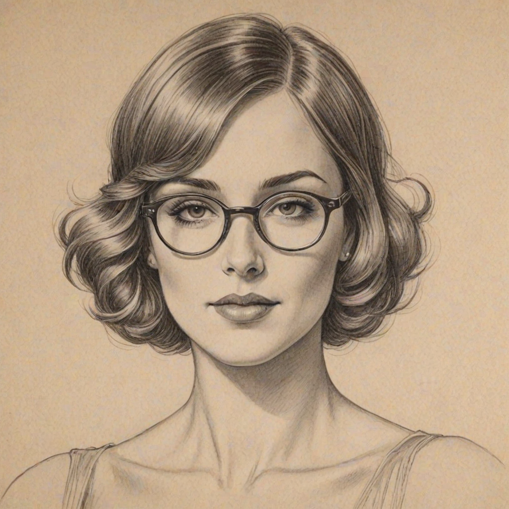 Attractive Alison Haislip, pencil sketch, portrait of Enticing woman 1920s in glasses, hair style beatnik, outline, clear lines, fine lines, 8k
