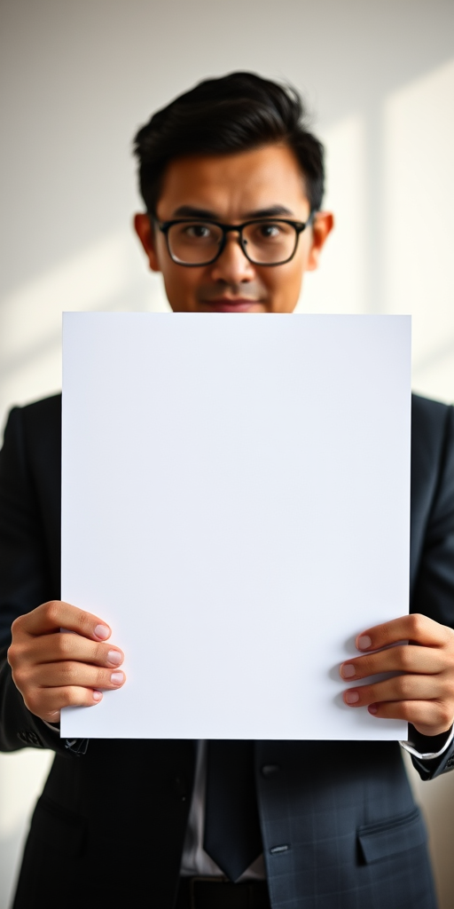 Create an image of a person in a business suit holding a blank white sign in front of their face, shot in soft natural light with a shallow depth of field, using a DSLR camera with a 50mm lens at f/2.8, ISO 100, and a slight vignette effect.