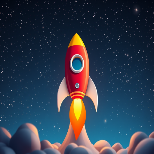 Create a colorful cartoon rocket launching into space against a starry background, use a Canon EOS R5 with an 85mm f/1.4 lens, aperture set to f/2.8, ISO 200, shoot from a low angle to enhance perspective and detail.
