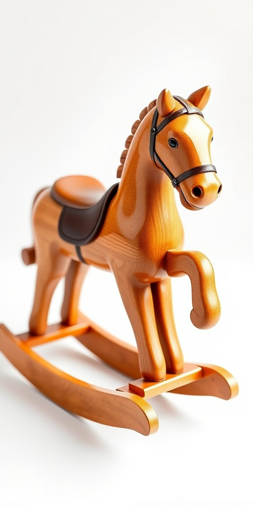 Create a digital illustration of a wooden rocking horse with a glossy finish, positioned on a clean white background, using a Canon EOS 5D Mark IV with a 50mm f/1.8 lens, aperture set to f/2.8, shutter speed at 1/200s, and ISO 100, with a soft focus effect to enhance depth and detail.
